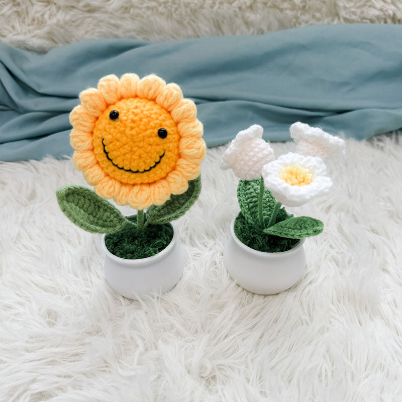 Crochet Flower in Plastic Pot with Personalized Tag